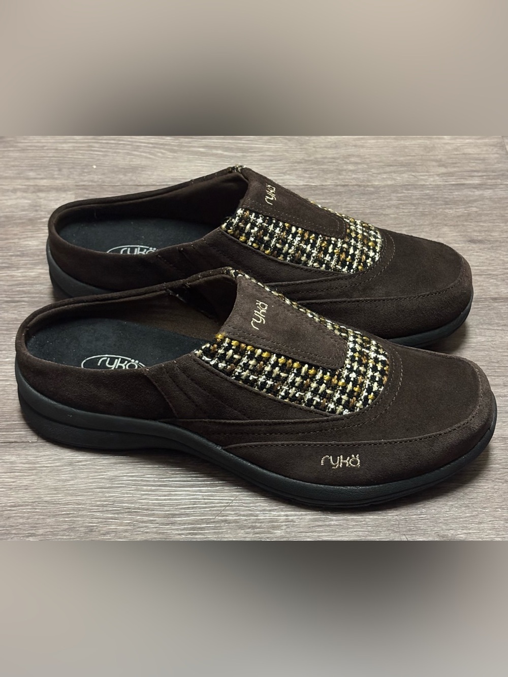 NIB- Ryka Freelance Brown Suede Tweed Inset Mule Clogs Size 9.5